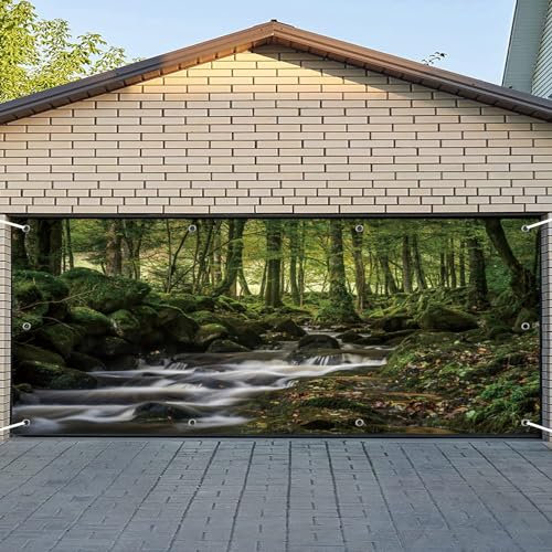 CSFOTO 1,8 x 4 m Waldbach Garagentor Dekoratives Banner Tropischer Wald Wald Garage Dekorative Tapete Große Garagentorabdeckung Innendekoration Wandbild Outdoor Picknick Foto Requisiten