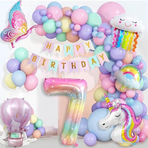 Einhorn Geburtstagsdeko Mädchen, 7 Jahre Einhorn Deko Kindergeburtstag, Einhorn Luftballons Geburtstag Happy Birthday Banner, Schmetterling Folienballon Kindergeburtstag 7. Geburtstag Mädchen Deko