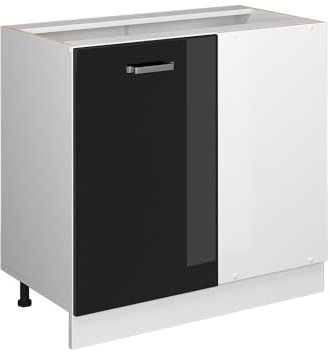 Vicco Eckunterschrank R-Line, Küchen Eckschrank, Schwarz Hochglanz/Weiß, 86 cm, AP Eiche