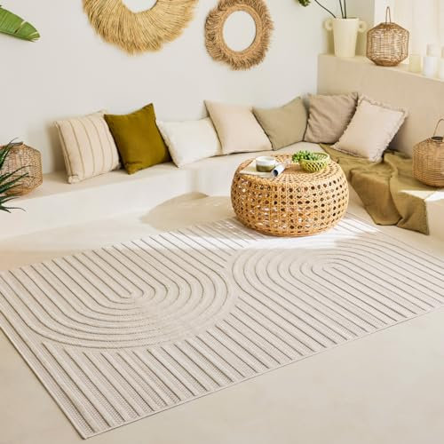 Nazar Tapis Salon Santorini, Interieur Exterieur, Moderne, Blanc, Beige, Gris, Noir, Turquoise, Jaune, Rose, Motif Relief, Poils Court et Doux (986 Blanc, 120x160 cm)