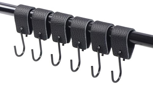 Feligio 6 Pezzi Ganci a S in Pelle, Ganci Multifunzionali Con Passante in Pelle, Gancio a S per Cucina, Bagno, Esterno, Ganci da Campeggio Sospesi a Forma di S, Neri