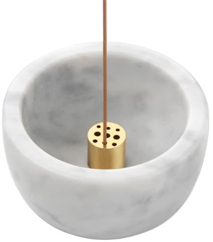 GmyIAK Natural Marble Incense Burner with Brass 9 Holes, Ash Catcher, for Meditation - White