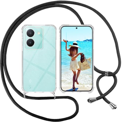 ISOI Handykette für Vivo Y36 Hülle mit Band, Transparent Silikon Handyhülle für Vivo Y36 mit Kette Stossfest Schutzhülle - Schnur mit Case Zum Umhängen in Schwarz