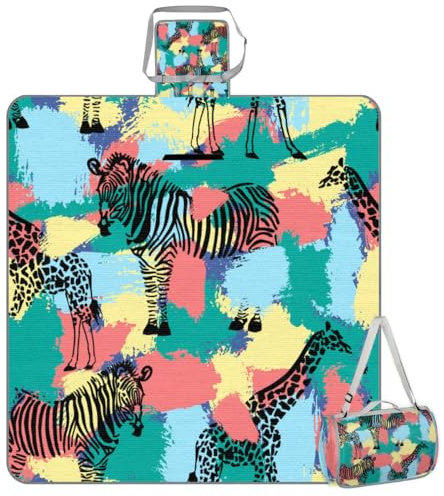 Mularoka Picknickdecke, Zebra-Giraffe, wasserdicht, sanddicht, faltbar, Stranddecke, 150 x 145 cm, extra groß, tragbar, waschbar, Outdoor-Matte für Camping, Park, Gras, Wandern, Reisen