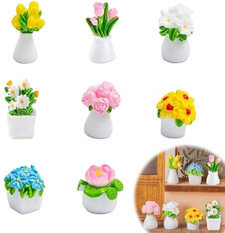 Wondsea 8pcs Dollhouse Plant Miniature,Mini Flowers Miniatures Vase, Plant Mini Potted Plants Model,Mini Flowers Miniatures Flower Figures for Dollhouse Garden Decorations
