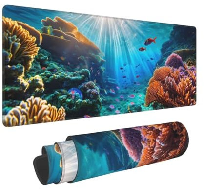 Mouse Pad (700x300x3 mm) Extended Large Mouse Mat Desk Pad, Stitched Edges Mousepad, Non-Slip Rubber Base, Waterproof Soft Cloth, XXL Gaming Mouse Pad for Desk (Underwater World) N-593
