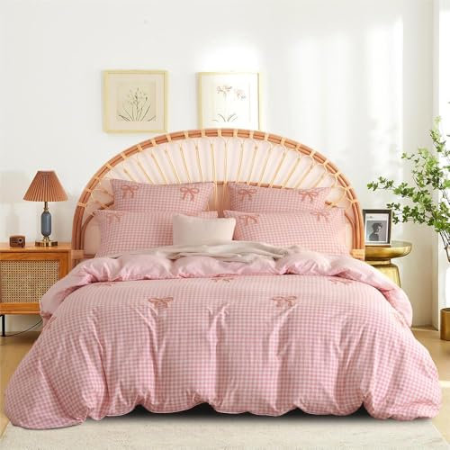 Freyamy Tuftée Housse de Couette 220x240cm à Carreaux Rose Broderie Parure de Lit 2 Personnes Adulte Ado Filles Shabby Chic Linge de lit avec Fermeture Éclair et 2 Taies d'oreiller 65x65cm