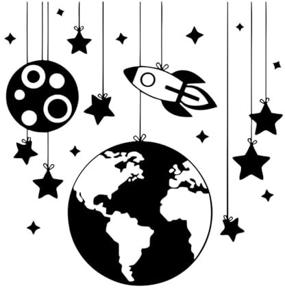 Planet Space Vinyl Wandtattoo Rakete mit Sternen Wandaufkleber Kinderzimmer Dekoration Raumschiff Vinyl-L-67x68cm-Black