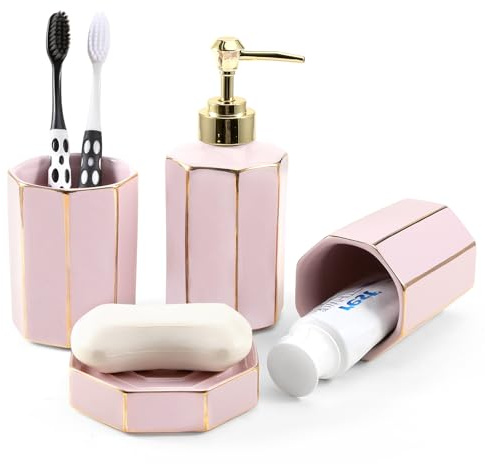 DASITON Badezimmer Set aus Keramik, 4-teiliges Badezimmer Zubehör Set mit Zahnputzbecher, Zahnbürstenhalter, Seifenschale und Seifenspender, Deko Bad Sets Hochwertiges Badaccessoires Set (Rosa)