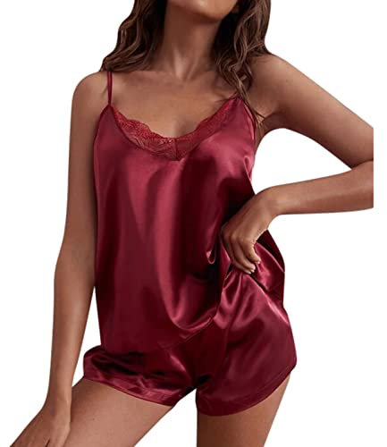 Ensemble de Pyjama pour Femme en Satin Ensemble de Pyjamas en Satin de Lingerie Sexy pour Femmes Pyjama Femme De Noel Pyjama Short Femme Coton Ete (Wine, L)