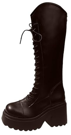 Damen Stiefeletten mit mittlerer Wade, und Wintermode, einfarbig, einfach, bequem, dicke Unterseite, Schnürung hinten, Reißverschluss, runde Zehenpartie, quadratischer Absatz Damen Schuhe (Brown, 37)