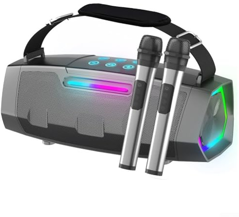 HpLive Machine de karaoké portable avec haut-parleur de 40 W, deux microphones sans fil, lumière RVB, USB, AUX, radio FM, carte TF, batterie 5000 mAh, 4 heures de temps de lecture (gris)
