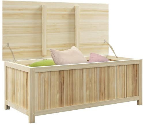 Outsunny Coffre de rangement jardin 172L, malle de rangement avec vérins, pour extérieur, en bois massif, 120 x 55 x 45 cm, effet bois naturel