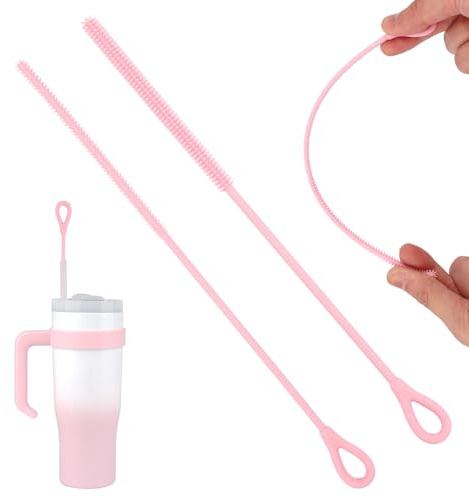 Silikon Strohhalm Bürste 2 STK, 6mm+9mm Lang Strohhalm Reinigungsbürste, Wiederverwendbare Hängend Strohhalmbürsten, Biegbare Strohhalmbürste für Glas Metall Plastik Strohhalm(Rosa)