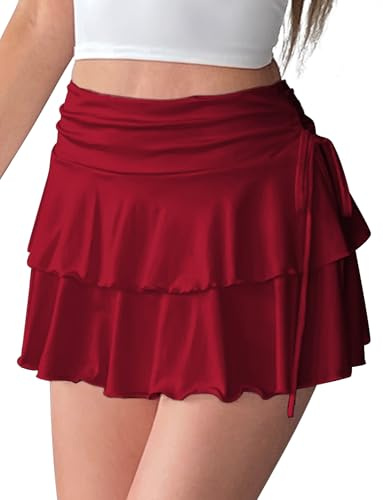 FEOYA Minigonna da donna con volant Y2k una linea a vita alta plissettata skater skort fiocco laterale fluide carino gonne corte casual tennis party club, Rosso scuro, S