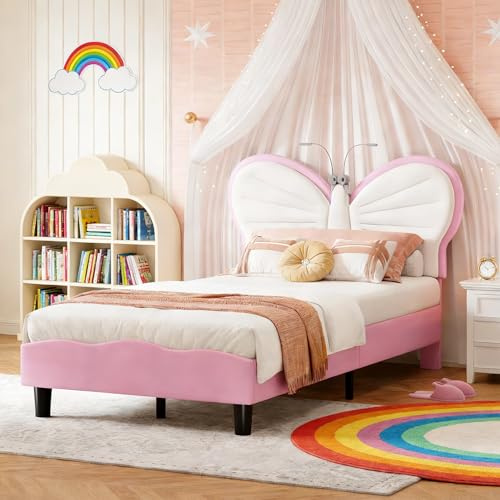 BRILVERDE Mädchenbett 90x200 mit Lampe, Kinderbett mit Kopfteil und Lattenrost, Prinzessin Bett, für Kinder, Jugendliche, PU und Samt (Rose, 90 x 200 cm)