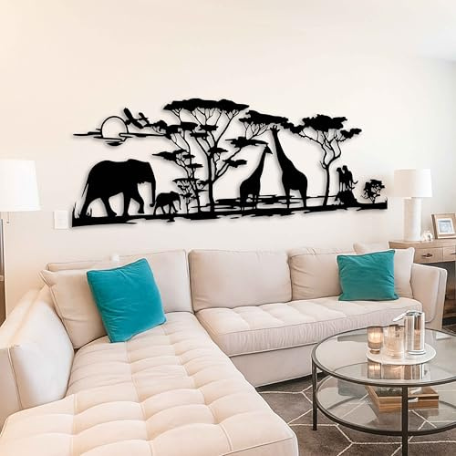 Safari Metall-Wandkunst, große afrikanische Tierwelt-Wanddekoration, Elefant und Giraffe, Wandbehang, afrikanische Natur-Thema, Wohnzimmerdekoration
