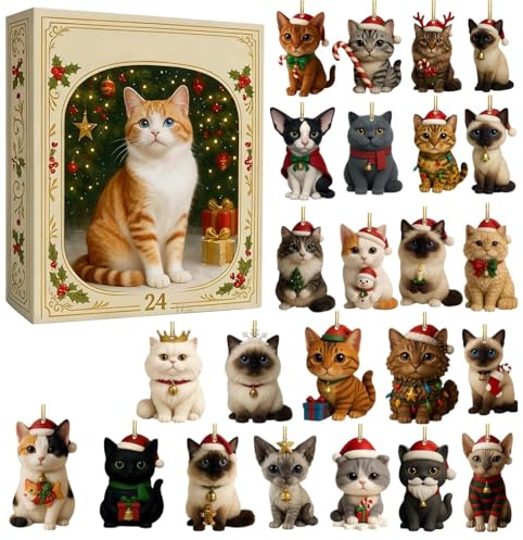 Katzen-Adventskalender 2025, 24-Tage-Katzen-Weihnachtskalender mit Countdown-Kalender, 2D-Kätzchen-Anhänger aus Acryl, Geschenk für Katzenliebhaber