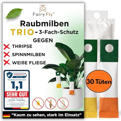 Fairyfly® Raubmilben-TRIO gegen Thripse, Spinnmilben & Weiße Fliege – 30 Tüten Nützlinge für Zimmerpflanzen & Pflanzen – biologische Schädlingsbekämpfung (Cucumeris, Californicus, Swirskii)