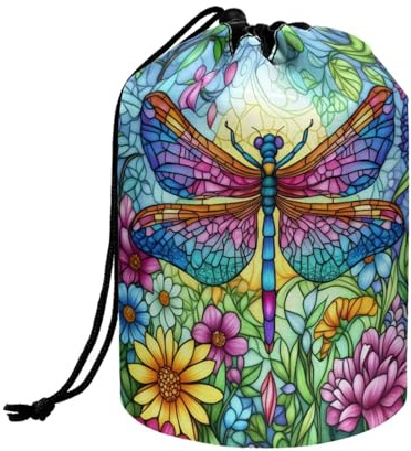 Wnbucioht Flower Dragonfly Drawstring Cosmetic Bags Dragonfly Barrel Makeup Bag,Women Girls Foldable Toiletries Cases Organizer Multifunctional Toiletry Bucket Bags Round Organizer