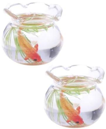 2Pcs Multicolour Mini Round Fish Tank Realistic Glass Decor for Dollhouse Display Captivating Miniature for Crafts Ornaments Handmade Landscape,Miniature Goldfish Bowls,Dollhouse Accessories(Gold)