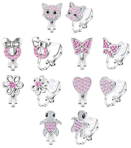 Hernin 6 Paar Kinder Ohrringe Mädchen Hypoallergene Klipp Ohrringe Mädchens Schmetterling Blumen Katzen Stern Niedlich Rosa Clip on Ohrringe Ohne Ohrloch