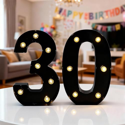 LED Light Up Numbers, Marquee Numbers Lights for 30th Birthday Decorations | 8.5inch Warm LED Number Light, Black Light Up Number Sign for 30th Birthday Wedding Anniversary Table Wall Party Decor