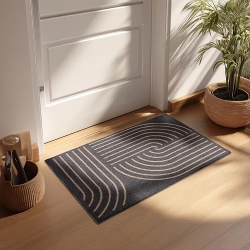 Rutschfeste Sauberlaufmatte innen - Kringel schwarz 50 x 70 cm (Rechteckig) | Miabella Türmatte rutschfester Läufer Wohnraum Fußmatte extrem saugfähiger Küchenläufer waschbar bei 30°C Schmutzfangmatte