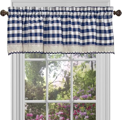 ACHIM Buffalo Check Valance Window Curtains - 58 Inch Width, 14 Inch Length - Navy Blue & Ivory White Plaid - Light Filtering Farmhouse Country Drapes for Bedroom Living & Dining Room Home Decor