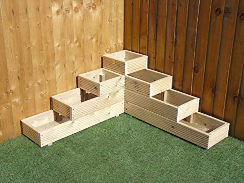 X Large 4 Tiered Corner Garden Level Steps Wooden Decking Patio Planter Trough (Natural)