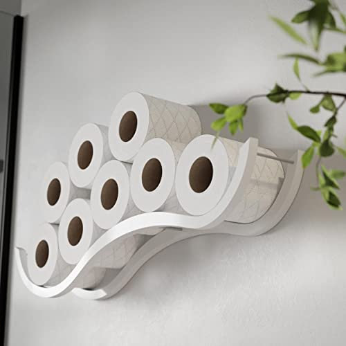 Toilettenpapier aufbewahrung Wand, Badregal aus Holz, Wellenformdesign, Ersatz-Toilettenpapierhalter (White)