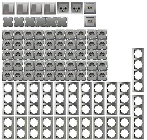 DELPHI Steckdosen Schalter Unterputz KomplettSet 94-teilig Mit 50x Steckdosen 10x Schalter Netzwerk TV Antenne UP Einbau Silber Grau