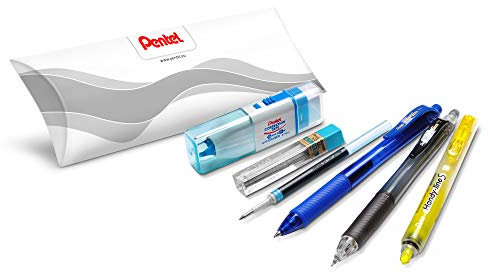 Pentel Starterpack mit 6 Teilen: 1 x Gel-Roller, blau, 1 x Nachfüllpack blau, 1 x einziehbarer Textmarker gelb, 1 x Druckbleistift, 1 x Etui mit 12 HB, 1 x Duo Korrekturroller