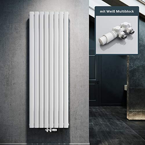 ELEGANT Design Heizkörper Flach 1800x616mm mit Weiß Multiblock Thermostat Flachheizkörper Weiß Doppellagig Vertikal Heizkörper Mittelanschluss