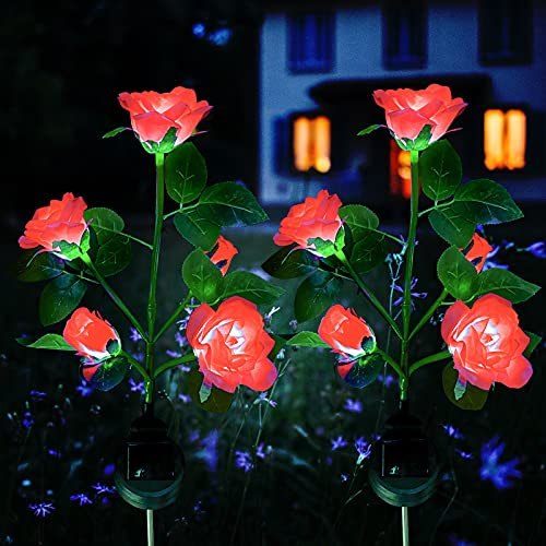 Solarlampen für Außen Garten Deko, [2 Stück] XVZ Wasserdicht Solarleuchten für Außen Deko, mit 5 LED Rose Lichter, Dekoration für Garten, Rasen, Terrasse, Feld, Weg(rot)