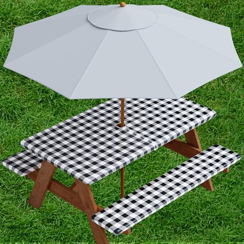 Sorfey Vinyl-Tischdecke mit Regenschirm, Picknicktisch und Bank, Kariertes Design, Flanell-Rückseite, 76,2 x 183,9 cm, 3-teiliges Set, Schwarz