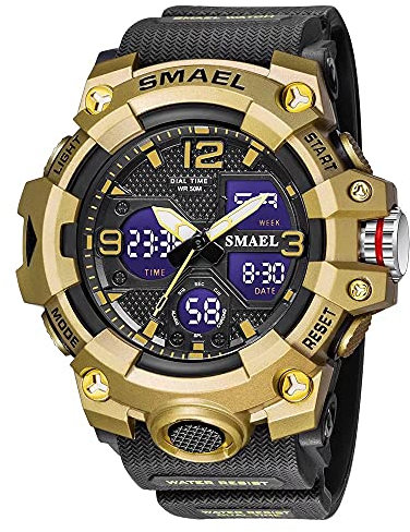 SMAEL Herren Uhren Militär Sport Outdoor Wasserdicht Armbanduhr Multifunktions Taktik LED Datum Alarm Digital Analog Uhren, Schwarz Gold, Large Face,