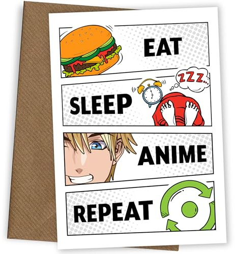 Anime-Geburtstagskarte für Teenager, Jungen und Mädchen, Eat Sleep Repeat, japanische Anime-Karte, Sohn, Tochter, Bruder, Schwester, 12., 13., 16
