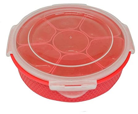 Indian Spice Box Masala Dabba With 7 Compartments & Airtight Transparent Lid Plastic Masala Box Authentic Curry Cooking Spice Tiffin Tin Kitchen Masala Container Storage Set (Red)
