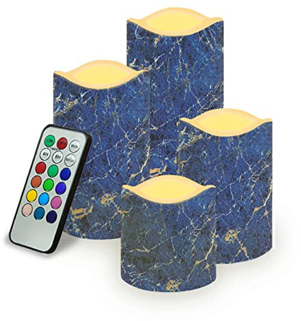 Kuiaobaty Navy Blue Remote Control LED Candles for Home Decor, Realistic Battery Operated Marble Texture Fake Candle with Warm White Bulb