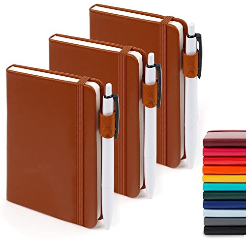 feela 3 Pack A6 Pocket Notebooks, Lined Mini Notepads with Pens, Brown | Hardback Small Journal Bulk for Work, Writing Plans, Memos, Office School Supplies, 112 College Ruled Pages, 9 X 14cm