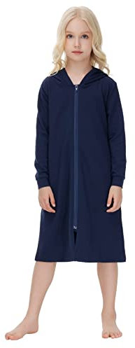 Alunsito Jungen Mädchen Herbst Winter Loungewear Langarm-Robe mit Reißverschluss vorne knielang leichte Hausmäntel Nachtwäsche mit Taschen 140 Dunkelblau 9–10 Jahre