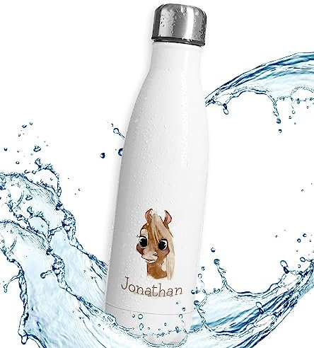 timalo® Thermosflasche Tiere personalisiert mit Namen auslaufsichere Edelstahl Trinkflasche Wasserflasche für Kinder Mädchen Jungen 750mL | Pferd