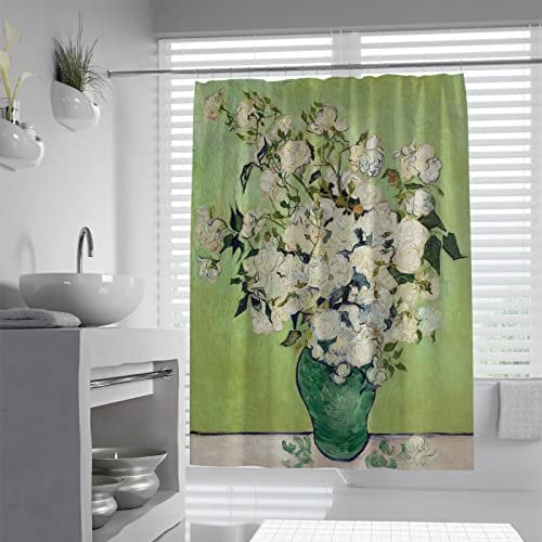 Via Vela Jahrgang Gemälde Bedruckter Duschvorhang Vase of Roses Muster für Badezimmer Dekor wasserdichte Duschvorhänge mit 12 Haken 120W x 180L cm