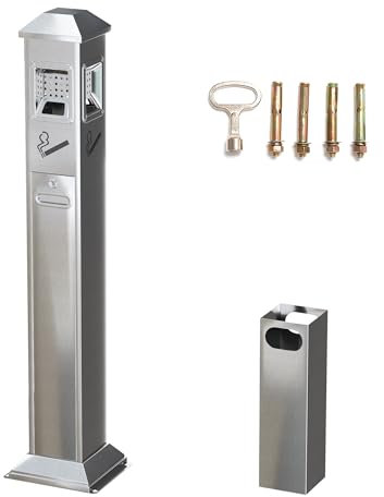 Nisorpa 1.2M Floor Standing Ash Trays Outdoor,Garden Ashtrays for Outside Cigarette Bin Smoking Bin Stainless Steel,Outside Ashtray Free Standing Vertical Trash Bin w/Key (Silver)