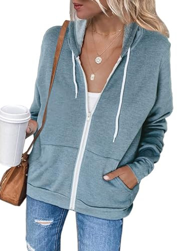 Womens Autumn Zip Up Long Sleeve Hoodies Solid Color Jackets Coat Casual Hooded Sweatshirts