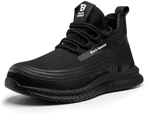 Black Hammer Men's Safety Trainers with Steel Toe Cap Midsole Protection Water-Resistant S1P SRC Professional Trekking Shoes for Work Warehouse and Outdoor Activities Rubber Soles 2900 Black (11 UK)