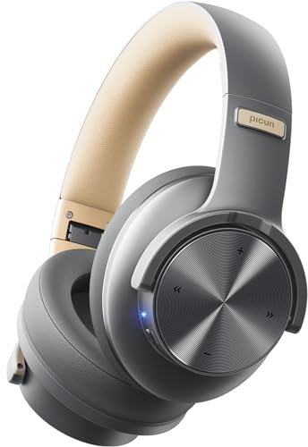 Picun B8 Bluetooth-Kopfhörer, 120H Spielzeit, kabellos, Bluetooth mit 3 EQ-Modi, niedrige Latenz, Freisprechanrufe, Over-Ear-Kopfhörer für Reisen, Zuhause, Büro, Handy, PC (Grau und Gold)