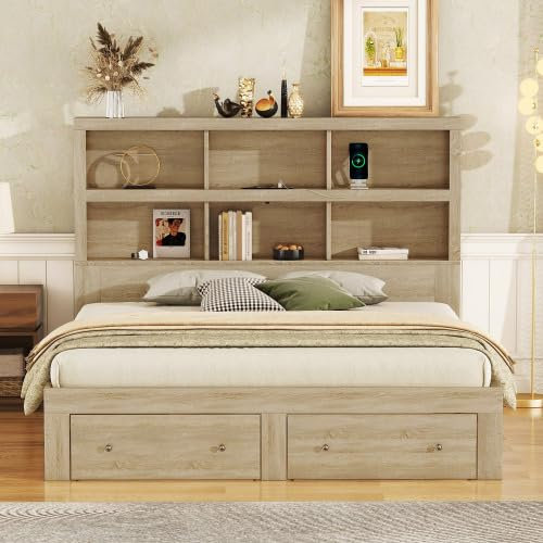 SogesHome Bettrahmen Bett 160x200 cm Doppelbett aus Massivholz Kingsize Plattformbett mit Zwei Schubladen am Fußende des Bettes, Kopfteil mit Stauraum