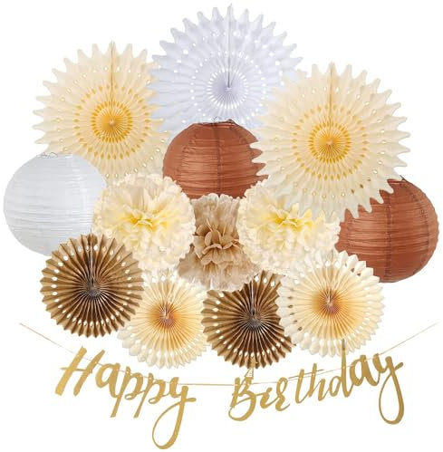 SUNBEAUTY Rustic Brown Boho Birthday Decorations - Paper Lanterns, Tissue Paper Pom Poms